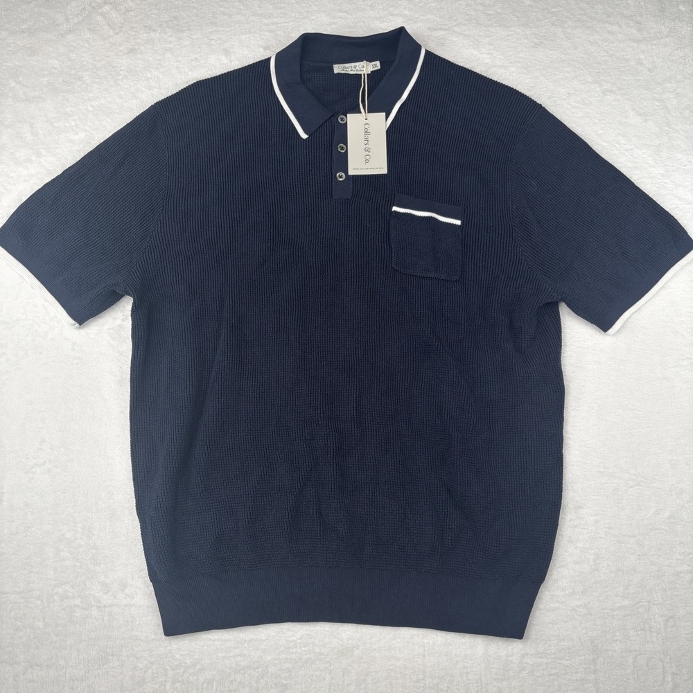 NEW Collars & Co Riviera Waffle Knit Polo Navy Sweater XXL Modal Cotton
